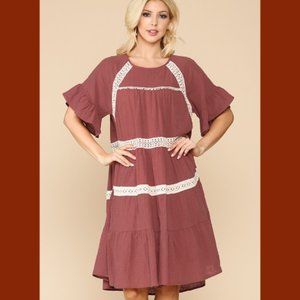 New GIGIO S/M terra cotta tiered lace trim lined swing patio dress Oversized
